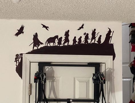 Lotr Wall Mural, Lotr Decor Interiors, Lotr Room Ideas, The Shire Nursery, Lord Of The Rings Mural, Lotr Mural, Lotr Silhouette, Lord Of The Rings Nursery, Lotr Room