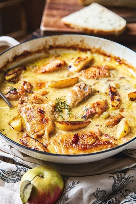 French Chicken Casserole a la Normande #creamychicken #chickencasserole Chicken Frangelico Recipe, Healthy French Dinner Recipes, French Main Course Recipes, Easy French Dinner Recipes, Authentic French Dinner Recipes, French Chicken Casserole, Recipes From France, French Chicken Recipes, Classic French Recipes