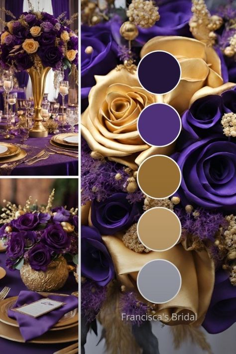 Purple Wedding Color Palette, Wedding Color Palette Ideas, Wedding Theme Color Schemes, Purple And Gold Wedding, Wedding Color Palettes, Wedding Color Pallet, Wedding Color Ideas, Color Palette Ideas, Wedding Colors Purple