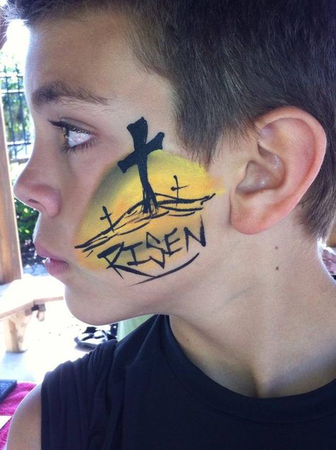 Risen cross for Easter great for boys! Cross Face Paint, Christian Face Painting Ideas For Kids, Christian Face Paint, Christian Face Painting, Easter Face Painting Boys, Easter Facepainting Ideas Easy, Face Painting For Adults Men, Fall Fest Face Painting, Fox Face Paint