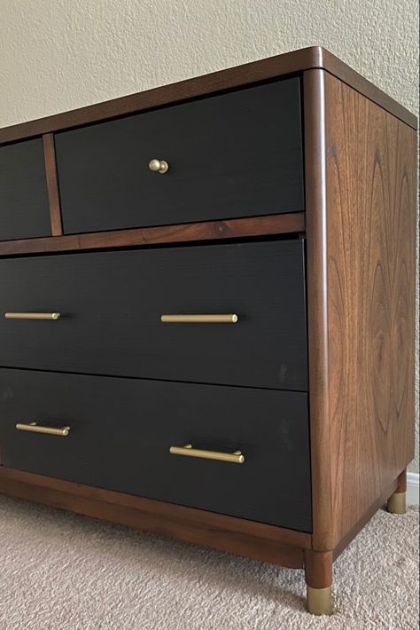 Bedroom Furniture Black And Wood, Black And Wooden Furniture, Wood With Gold Accents, Wood Dresser Black Drawers, Black And Walnut Furniture, Masculine Dresser Decor, Wood Dresser With Black Drawers, Wood Dresser Black Hardware, Black And Tan Dresser Makeover