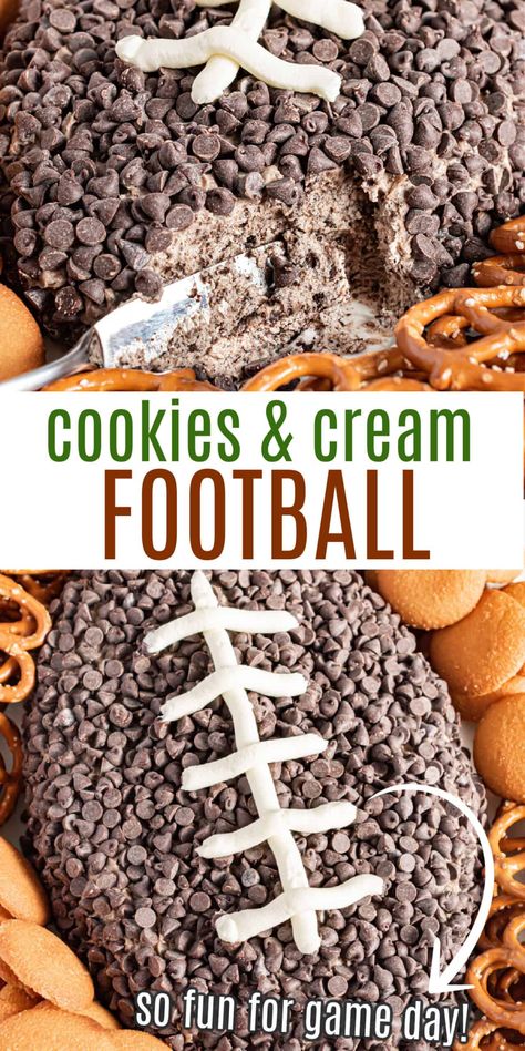 If you love sweet cheese ball recipes, this Oreo Cookies and Cream Cheese Ball Recipe for Game Day is going to knock your socks off! Perfect game day snack! Cream Cheese Balls Recipe, Football Shaped Foods, Football Desserts, Superbowl Desserts, Cream Cheese Ball, Bowl Party Food, Football Snacks, Cheese Ball Recipes, Superbowl Snacks