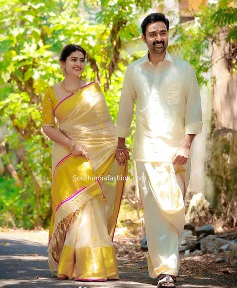 Sneha In Saree, Cream Silk Saree, Sneha Saree, Kerala Traditional Saree, Sneha Prasanna, Blouse Designs Saree, Tamil New Year, New Year Look, Onam Outfits