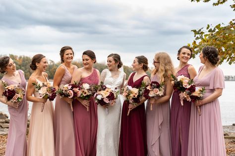 Different Shade Of Bridesmaid Dresses, Different Shades Bridesmaid Dresses Pink, Bridesmaid Dresses Red Shades, Mauve And Mulberry Wedding, Bridesmaid Different Shades, Shades Of Mauve Bridesmaid Dresses, Red Pink Purple Wedding Bridesmaid Dresses, Shades Of Maroon Bridesmaid Dresses, Different Shades Bridesmaid Dresses