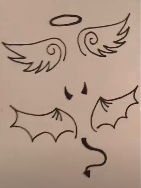 Simple Tattoos Goth, Twin Tattoos For Best Friends, Halo And Horns Tattoo, Twin Flame Tattoo Ideas Best Friends, Best Friend Halloween Tattoos, Tattoo Ideas Female Easy, Sharpie Jeans, Evil Twin Tattoo, Small Devil Tattoo