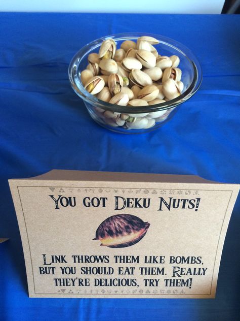 Pistachios as Deku Nuts for my son's Zelda Birthday Party Legend Of Zelda Gender Reveal, Nerdy 30 Birthday Party, Zelda Snacks, Legends Of Zelda Birthday Party, Zelda Food Ideas, Zelda Themed Snacks, Legend Of Zelda Party Decorations, Zelda Themed Party, Zelda Themed Birthday Party