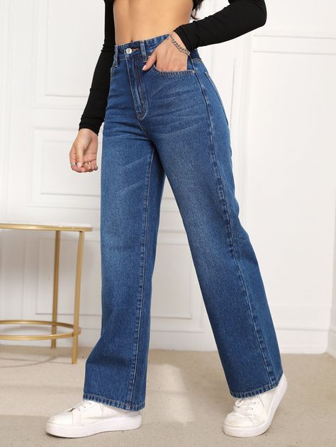 Straight Jeans For Curvy Women, What To Wear With Straight Leg Jeans, Womens Dark Jeans, Dark Blue Denim Jeans Outfit, Styling Straight Leg Jeans, Blue Denim Jeans Outfit, 50 Style Dresses, Blue Straight Jeans, 50 Dress