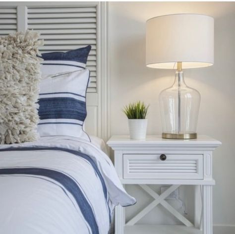 Hamptons bedside table - NEW | Trade Me Marketplace Beach Hamptons, Luxe Furniture, White Bedside Table, White Headboard, Concrete Furniture, Bedside Night Stands, White Side Tables, Hamptons Style, King Headboard