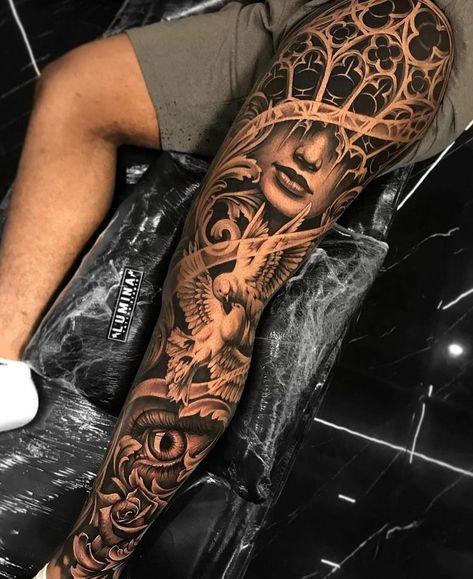 Partial Leg Sleeve Tattoo, Men’s Calf Sleeve Tattoo Ideas, Roman Leg Sleeve, Leg Sleeve Tattoo Male Ideas, Greek Leg Sleeve Tattoo, Full Leg Tattoos Men's, Full Leg Sleeve Tattoo Male, Greek Leg Tattoo, Negative Space Tattoo Sleeve