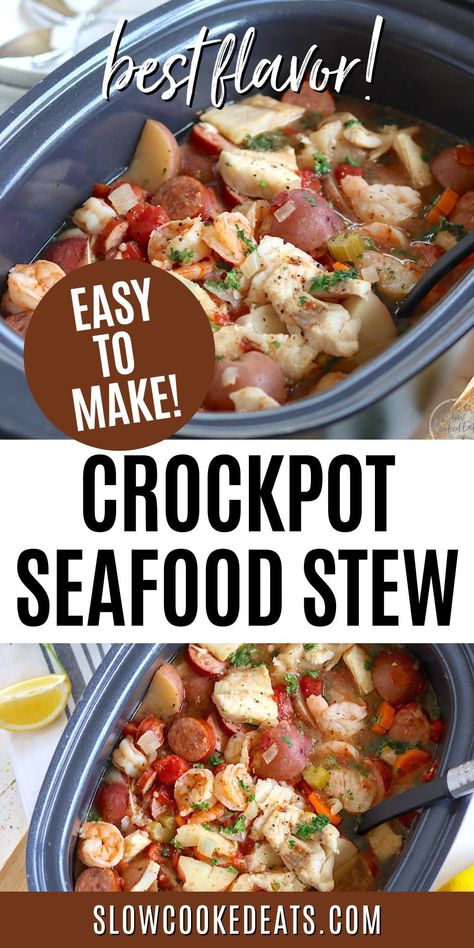 If you're looking for a flavorful and easy meal that will fill your kitchen with the enticing aromas of the sea, then this Slow Cooker Seafood Stew is the perfect crockpot meal idea. This seafood recipe combines tender cod, juicy shrimp, and delicious smoked sausage, all cooked together in a rich, flavorful broth. Crockpot Seafood Stew is sure to become a family favorite! Seafood Stew Crockpot, Slow Cooker Seafood, Crockpot Seafood, Seafood Stew Recipes, Slow Cooker Dinner Recipes, Crockpot Meal, Crockpot Stew, Seafood Recipe, Juicy Shrimp