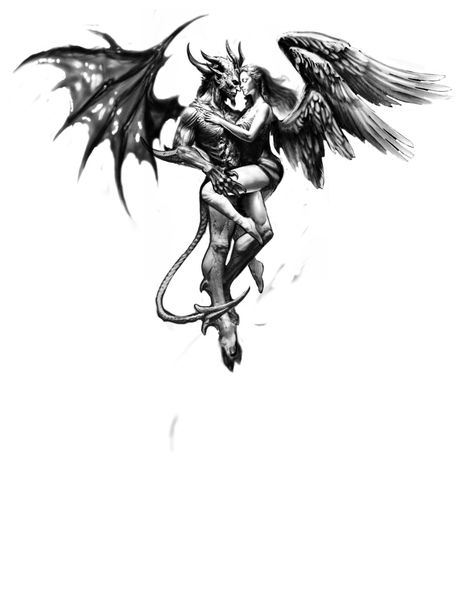 Angel And Demon Back Tattoo, Angel Demon Tattoo Design, Angel And Demon Tattoo Men, Demon And Angel Tattoo, Demon Angel Tattoo, Angels And Demons Tattoo, Female Fallen Angel, Evil Angel Tattoo, Demon Wings Tattoo