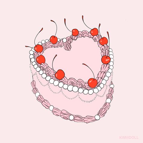 Pink heart shaped cake illustration with detailed line work depicting piped icing and cherries on top of the cake. Piece Of Cake Illustration, Decorative Icing, Pink Heart Cake, Cake Sketch, Cherry Drawing, Birthday Cake Illustration, Bolo Vintage, Cake Heart, Heart Shaped Cake