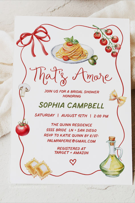 Thats amore bridal shower. All you need is love and pasta, celebrate a bride to be with these italian themed invitations! Thats Amore Baby Shower Theme, Bridal Shower Ideas Italian Theme, That’s Amore Bridal Shower Invite, Pizza Themed Bridal Shower Ideas, That's Amore Bridal Shower Theme, That’s Amore Shower Theme, That’s Amore Bridal Shower Theme, Thats Amore Bridal Shower Ideas, Italy Themed Bridal Shower Ideas