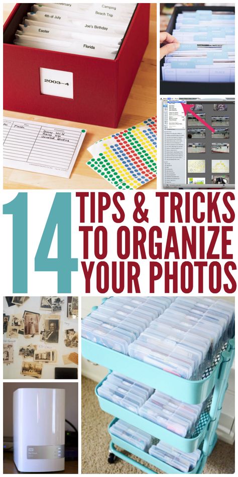 14 Simple Tips and Tricks to Organize Your Photos Photo Album Shelf Ideas, How To Organize Pictures Storage, Old Photo Organization Ideas, How To Organize Pictures, Picture Storage Ideas Organizing, Photo Boxes Ideas Storage, Declutter Pictures, How To Store Old Photos, How To Organize Photos Storage Boxes