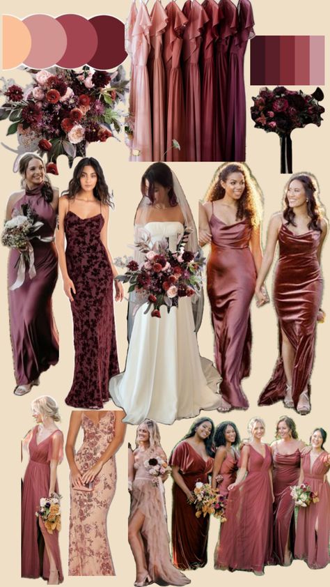 Mismatched Red Bridesmaid Dresses, Bridesmaid Dress Color Schemes, Bridal Party Color Schemes, Bridesmaid Indian, Dusty Rose Bridesmaid, Bridal Parties Colors, Old Hollywood Wedding, Fall Wedding Color Palette, Forest Theme Wedding