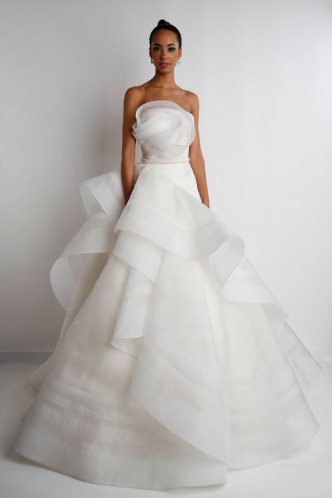 I love the placement of the fabric on this dress. It flows and the bodice looks like a flower but it isn't too much and overtakes the attention form the person wearing it. Vera Wang Wedding Gowns, Wedding Dress Black, Bridal Trends, Vera Wang Wedding, Wedding Dresses Uk, Wedding Dresses Vera Wang, White Wedding Dress, Trendy Wedding Dresses, Elsa Hosk