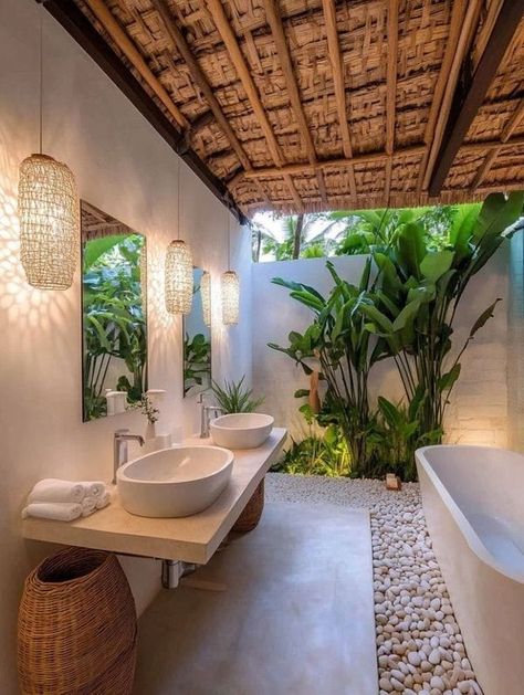 Bali Villa Bathroom Interior Design, Tropical Eco House Design, Traditional Balinese House, Bali Villa Garden, Bali Decor Interior Design, Bali House Plans, Bali House Interior, Bali Inspired Bathroom, Bali Courtyard