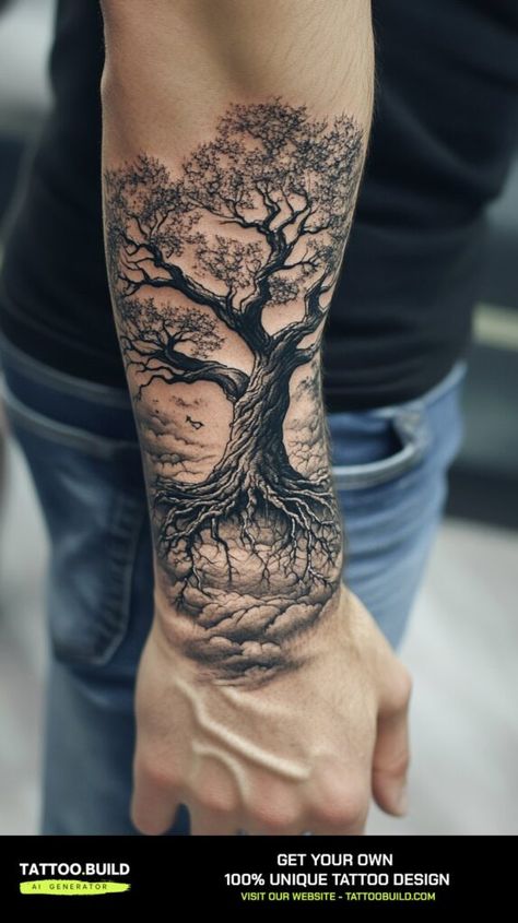 Word Tree Tattoo, Tree Of Life Tattoo For Women On Leg, Willow Tree Tattoo Forearm, Trees And Ocean Tattoo, Tree Of Life Tattoo With Flowers, Tree Of Life With Clock Tattoo, Life Tree Tattoo Men, Back Of Arm Tree Tattoo, Tree Tattoo Men Back