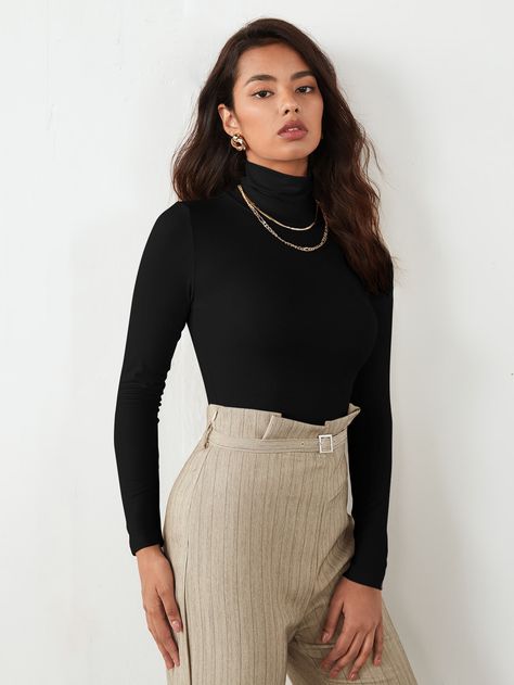 Black Casual Collar Long Sleeve Fabric Plain  Embellished Slight Stretch Fall/Winter Women Clothing Black Turtle Neck Outfit Women, Black Turtle Neck Outfit, Turtle Neck Outfit Women, Turtle Neck Women, Turtle Neck Outfit, Black Turtle Neck, Neck Women, Baby Blue Colour, Black Stretch