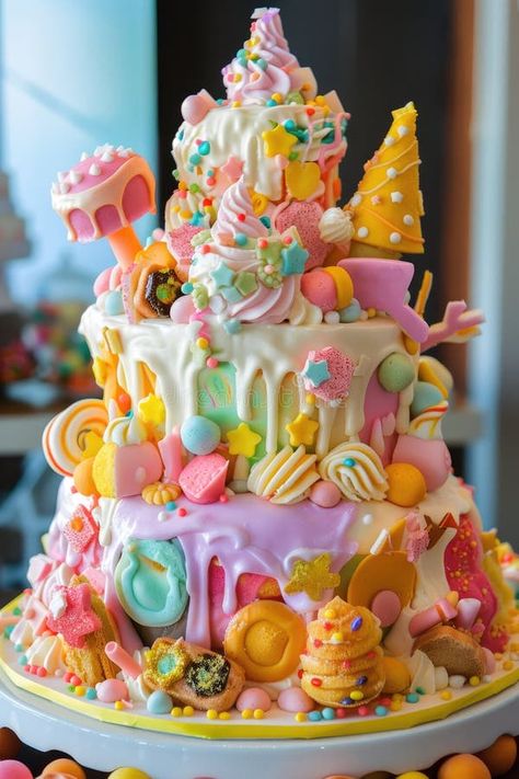 Colorful Birthday Cake with Candy Decor in a Festive Background royalty free stock photo Candy Land Cake Ideas, Candy Cake Ideas Birthday, Colorful Candy Cake, Candy Themed Cake, Candy Theme Cake, Candy Birthday Cake, Candy Land Cake, Colorful Birthday Cake, Biscuit Decoration