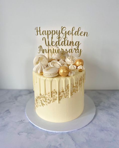 (20) Facebook Cake Gold Leaf, Golden Anniversary Cake, White Chocolate Drip, Golden Wedding Anniversary Cake, 50th Anniversary Cakes, 50 Anniversary, In My Element, Wedding Anniversary Cake, Golden Wedding Anniversary