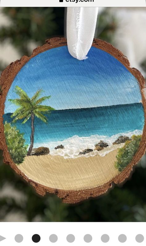 Wooden Log Painting Ideas, Diy Painting On Wood, Paintings On Wood Boards, Wood Log Painting, Wood Painting Ideas, Tree Slice Art, Beach Themed Art, Beach Scene Painting, Abstract Painting Diy