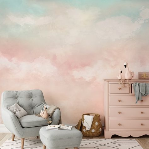 Mint & Pink Sky and Clouds Peel and Stick Wall Mural Pastel Pattern Self Adhesive Decal Nursery Kids Room Removable Wallpaper WM089 - Etsy Cloud Wall Mural Diy, Pink Clouds Nursery, Cloud Mural Wallpaper, Pastel Wallpaper For Room, Sky Mural Nursery, Pastel Mural Painted Walls, Watercolor Walls Diy, Cloud Mural Bedroom, Sky Bedroom Theme