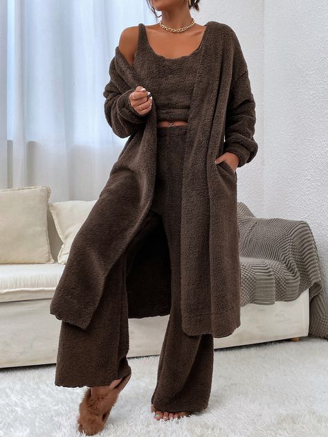 Flannel Coat, Wide Leg Pants Outfits, Leg Pants Outfit, Open Front Sweater, Open Cardigan Sweater, Brown Fashion, Two Piece Outfit, Long Sleeve Mini Dress, Long Sleeve Cardigan