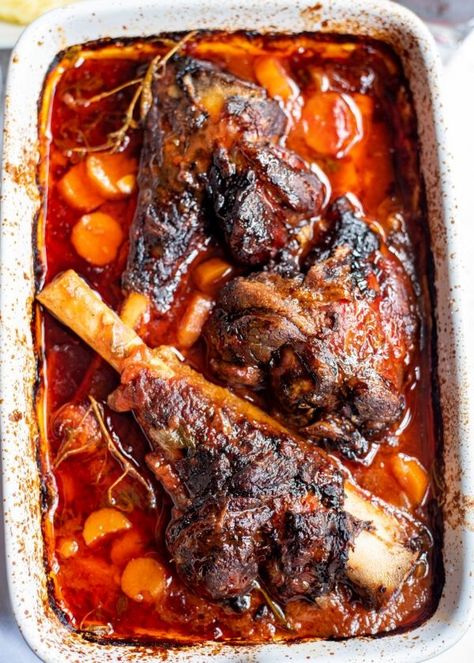 Braised Lamb Shanks Recipe https://www.acedarspoon.com/braised-lamb-shanks-recipe/ Lamb Shanks Oven, Braised Lamb Shanks Recipe, Lamb Shanks Recipe, Shanks Recipe, Lamb Shank Recipe, Braised Lamb Shanks, How To Cook Lamb, Lamb Shank, Wholesome Yum