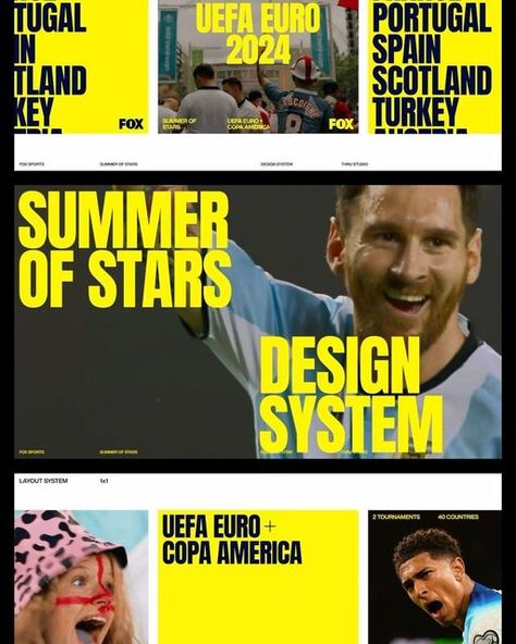 THRU on Instagram: "Design system for FOX SPORTS’ Summer of Stars broadcasting. At the core of the identity is the Star System, featuring typographic compositions that display the campaign’s theme. The flexible design also incorporates soccer-inspired stripes, allowing for variation while maintaining brand consistency. Customizable templates were developed to help the team adapt content across  formats. · Creative Direction: THRU Visual Identity / Design System: THRU + @davidrinman  Motion System: THRU Templates: THRU 3D Rendering: @teteerck  · #thru #thrustudio #thrumotion #designthrumotion #motiondesign #FOX #FOXsports #FS1 #soccer #uefaeuro2024 #copaamerica2024" Sports Campaign Design, Brand Exploration, Sports Campaign, Channel Branding, Brand Consistency, Sports Channel, Visual Identity Design, Star System, Fox Sports