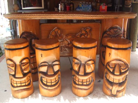 http://bailup.hubpages.com/hub/Tiki-Bar-Stools-complete-the-Tiki-Bar Diy Tiki Bar, Tiki Bars Backyard, Tiki Bar Stools, Bar Furniture For Sale, Outdoor Tiki Bar, Tiki Man, Tiki Style, Tiki Statues, Tiki Mugs