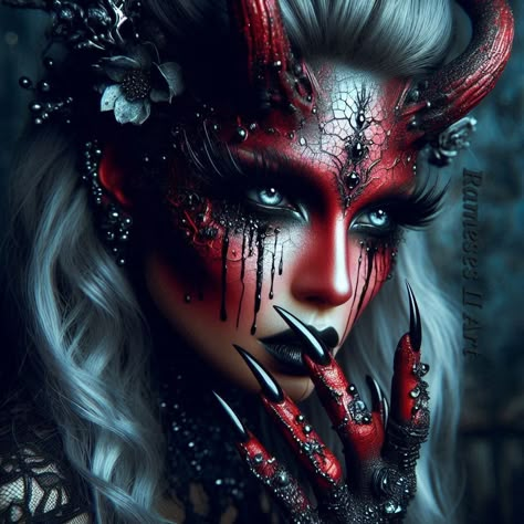 Mazikeen Tattoo, Demon Halloween Costume, Demon Makeup, Demon Costume, Goth Things, Evil Tattoos, Creepy Halloween Makeup, Vampire Makeup, Witchy Art