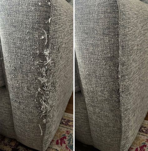 Fixing Cat Scratch Marks To Couch Using Felting Needle: Before And After Couch Repair, Cat Scratching Furniture, Furniture Scratches, Couch Fabric, Visible Mending, Cat Scratch, Couch Cushions, Cat Scratching, Organizing Your Home