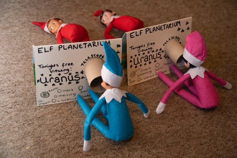 The elves visited the Elf Planetarium to view Uranus, they are cheeky elves.   #elfontheshelf #elfontheshelfideas #elfontheshelfarrival #elfonashelf #elfontheshelffunny  #elfontheshelfideasfunny #scoutelfideas Peppermint Tree, Elf On Shelf, Santa Is Coming, Xmas Elf, Elf Fun, Santa's Elves, Elf On The Shelf Ideas, Shelf Ideas, Christmas Is Coming