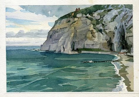 Italy Painting Easy Watercolor, Watercolor Cliff Landscapes, Sea Drawing Watercolors, Watercolour Cliffs, Cliffs Watercolor, Cliff Watercolor, Ocean Watercolor Painting, Watercolor Seascapes, Sea Drawing