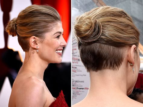 We joked about doing this to my hair to cut down on the thickness... now it's red carpet approved Growing Out Undercut, Best Undercut Hairstyles, Undercut Hairstyles Women, Undercut Long Hair, Shaved Undercut, New Hair Trends, Undercut Women, Short Hair Undercut, Rosamund Pike