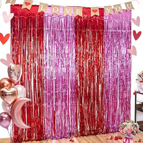 3 pack red pink foil fringe curtains, Extra large size (width x drop) 3.3 x 8.2 ft each, perfect for Valentine's Day decoration and general party decorations. Red pink metallic foil fringe curtains are made of tinsel. They are lightweight and durable fringe curtains. EASY TO APPLY Perfect photo backdrop for the Valentine's Day, Engagement, Wedding, Bridal Shower, Birthday, Bachelorette party decorations Valentine Photo Backdrop, Red Party Decorations, Valentine Backdrop, Fringe Curtains, Backdrop Pink, Streamer Backdrop, Party Photo Backdrop, Red Backdrop, Party Streamers