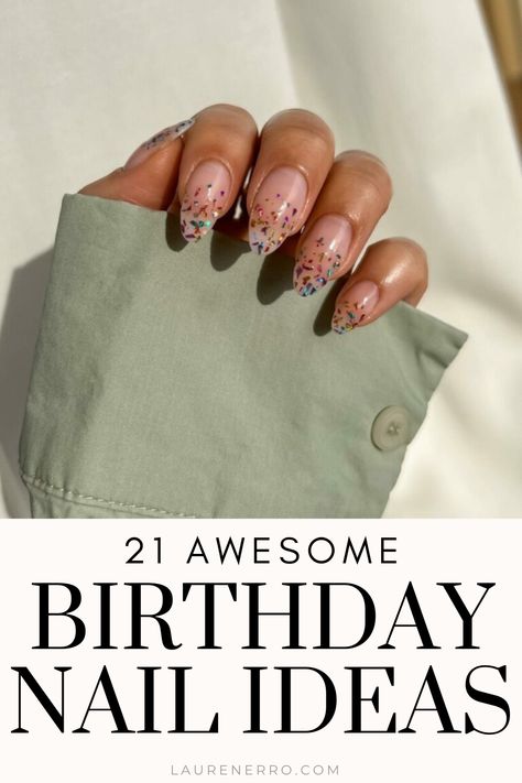 This post has a round-up of 21st Birthday Nail Ideas. From cute elements to classy designs, there are so many ideas in this post to help you celebrate your big day in style! Elegant Birthday Nails, 21st Birthday Nail Ideas, Birthday Nail Ideas, 21st Birthday Nails, Glamorous Birthday, Birthday Nail Art, Glitter Gradient Nails, Birthday Nail Designs, Birthday Nail