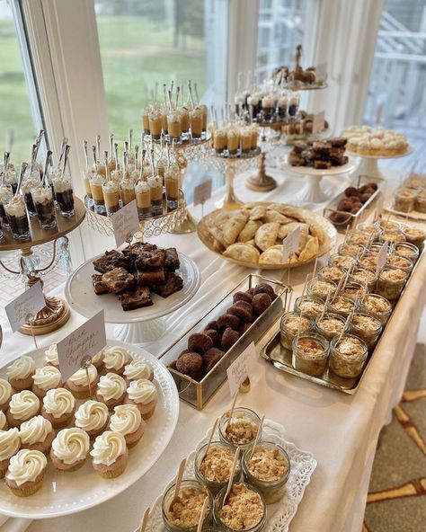 Savory Table Ideas, Cake And Dessert Table Display, Wedding Eating Table Ideas, Autumn Wedding Dessert Table, Wedding Reception Sweets Table, Party Dessert Table Aesthetic, Simple Elegant Dessert Table, Gala Dessert Table, Engagement Desert Table Ideas