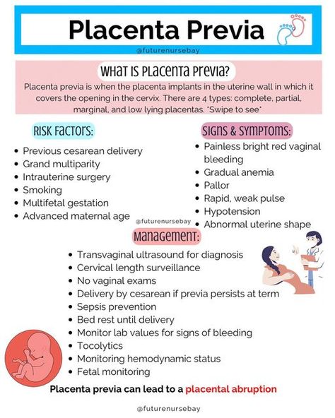 Baylie | BSN, RN loading… 🩺 on Instagram: "𝗟𝗲𝘁’𝘀 𝗴𝗼 𝗼𝘃𝗲𝗿 𝗣𝗹𝗮𝗰𝗲𝗻𝘁𝗮 𝗣𝗿𝗲𝘃𝗶𝗮! Placenta previa is when the placenta implants in the uterine wall in which it covers the opening in the cervix. There are 4 types: complete, partial, marginal, and low lying placentas. *Swipe to see* This positioning is abnormal and places the mother at risk for a placental abruption. This is why bed rest is crucial for placenta previa up until the time of birth. Usually at about 37 week is when th Ob Clinical Cheat Sheet, Nclex Maternity Cheat Sheet, Ob Notes Ob Nursing, Nursing Ob Cheat Sheets, Intrapartum Nursing Notes, Ob Nursing Student Notes, Ob Nursing Student Cheat Sheets, Maternity Nursing Study, Obstetrics Nursing