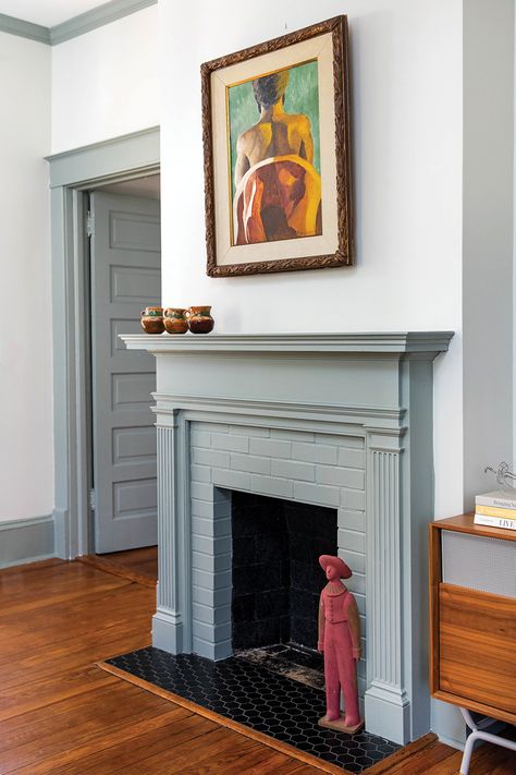 Cottage Mod in Boylan Heights - WALTER Magazine Colorful Fireplace Mantle, Jourdan Fairchild, Contrast Trim Colors, Grey With Green Undertones, All White Walls, Brett Waterman, Painted Mantle, Pollo Tropical, Wooden Fireplace Surround