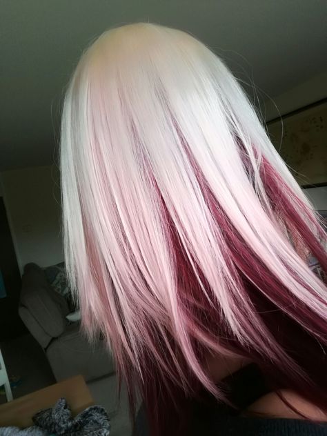 Pink Hair With Red Underneath, White Hair Red Streaks, Cute Ways To Dye Your Hair Blonde, Under Dyed Hair Red And Blonde, White To Red Hair, Red And Blonde Underneath Hair, Blonde With Dyed Tips, Red Hair With White Underneath, Deep Red And Blonde Hair Color