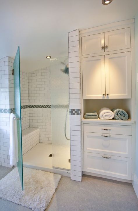 Closet In Bathroom, Built In Bathroom Storage, Bathroom Built Ins, Bathroom Linen Closet, Master Bath And Closet, Linen Closets, Bathroom Storage Ideas, Closet Built Ins, Bathroom Linen Cabinet