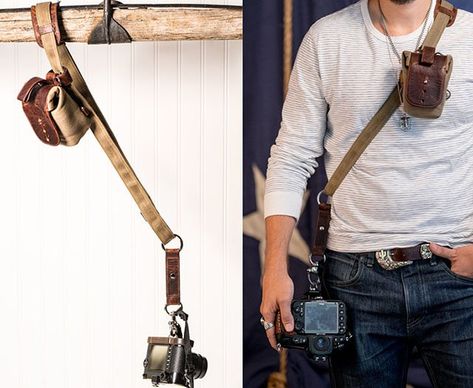 A new product just landed in the world of high-end camera straps. The new HoldFast Sightseer Sling Strap is an elegant and rugged leather camera strap that can be expanded as desired with add-on pouches. The strap is crafted out of waxed canvas and American bison leather that give it rugged good looks, comfort, and Camera Holster, Photography Crafts, Small Crafts, Leather Camera Strap, Bison Leather, Camera Photos, Rugged Leather, Camera Straps, Camera Hacks