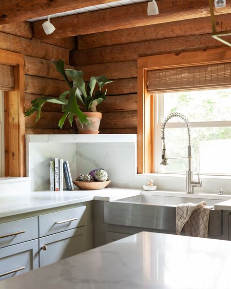 A Modernized Log Cabin Renovation — HIGH STREET HOMES Log Cabin Renovation, Log Cabin Kitchen, Log Home Interior, Light Grey Kitchen Cabinets, Log Home Kitchens, Modern Log Cabin, Cabin Renovation, Light Grey Kitchens, Cabin Interior Design