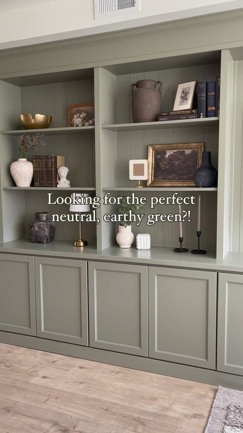 Instagram Green Swatches, Painted Built Ins, Elegant Home Office, Office Built Ins, Built In Shelves Living Room, Neutral Green, Living Room Built Ins, Home Library Design, Green I