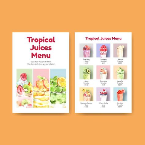 Menu template with fruits smoothies conc... | Free Vector #Freepik #freevector #summer #restaurant #fruit #cafe Juice Shop Menu Design, Smoothie Menu Design, Juice Menu Design, Smoothie Poster, Fruits Smoothies, Summer Drink Menu, Fruit Milkshake, Summer Restaurant, Menu Drink