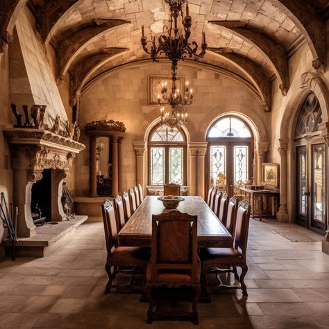 1800s Castle Interior, Manor House Dining Room, Castle Like Homes Interiors, Medieval Castle Dining Hall, Manor House Interior Bedroom, Tuscan Room Decor, Spanish Castle Interior, Scandinavian Castle Interior, Golden Castle Interior