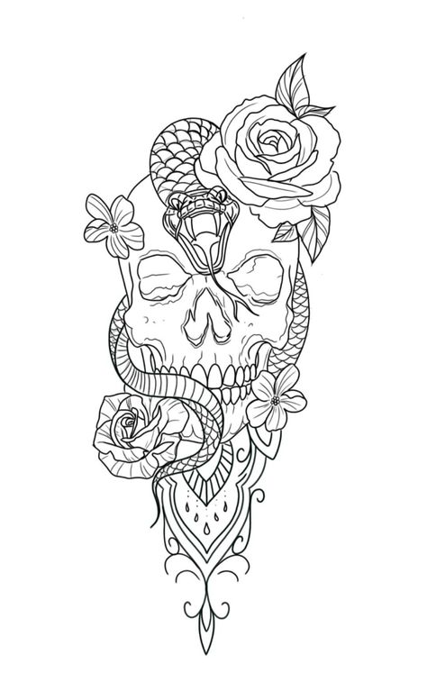 Girly Tattoo Stencils, Skull Snake Tattoo Design, Snake And Skull Tattoo, Girly Skull Tattoos, Leg Patchwork, Owl Tattoo Drawings, Hip Tattoo Designs, Feminine Skull Tattoos, Snake Skull