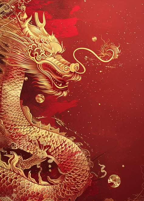 Red Background with Pure Gold Chinese Dragon and New Year Elements Gold Chinese Dragon, New Year Elements, Poster Infographic, Red Chinese Dragon, Wine Glass Centerpieces, Ancient Wine, Dragon God, Chinese Background, Inspirational Digital Art